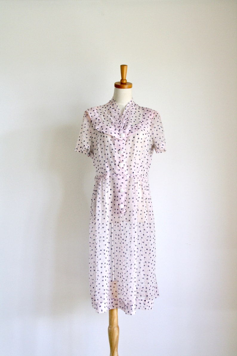 Vintage Pink sheer shirt dress Navy and pink polka dot day dress M -L 1940s pale pink polka dot sheer dress 40s 50s sheer dress