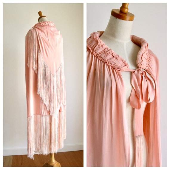 1920s pink silk fringed cape. 1930s double fringe