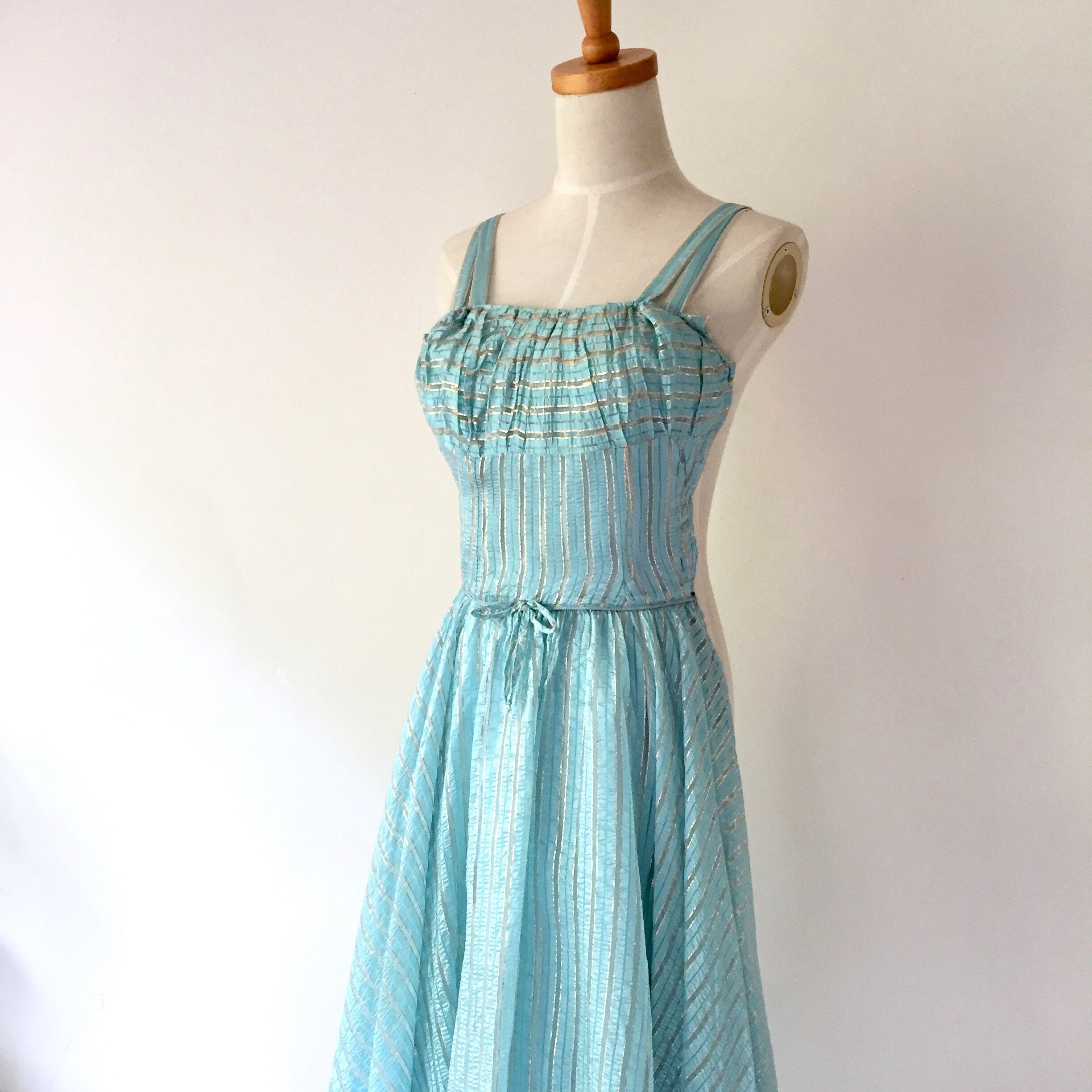 Pale Blue and Gold Party Dress. 1950s Blue Striped Dress. - Etsy Australia