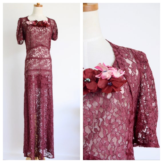 1930s burgundy lace gown. 30s red lace dress. Vint
