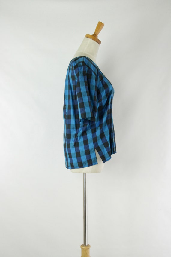 Electric Blue and black check silk top. Womens pl… - image 4