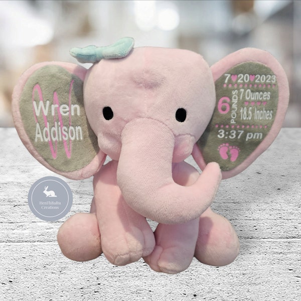 Baby Boy Gift/ Baby Girl Gift / Baby Birth Stats/ Custom Stuffed Animal/ Custom Baby Gift/ Baby shower/ Elephant Newborn/Keepsake baby gift