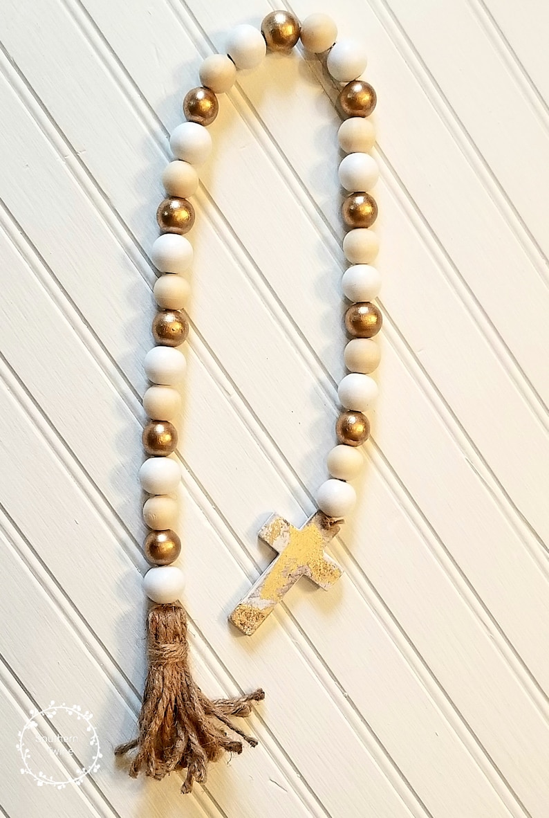 Prayer Beads Wood Bead Garland Cross Farmhouse Beads Etsy