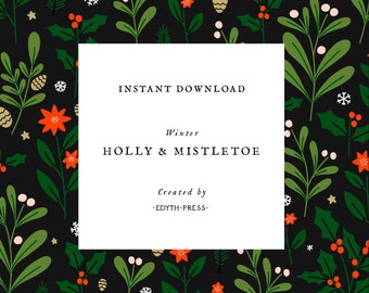 Christmas Clipart Winter Holly Mistletoe Poinsettia Flower Fir Pine Cones Leaf Leaves Sprigs Holiday Botanical Pattern Vector SVG PNG JPG