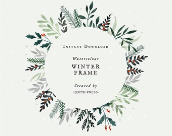 Winter Watercolor Christmas Clipart Circle Frame Holiday Wedding Border Botanical Greenery Berries Holly Mistletoe Pine Card Background PNG
