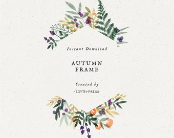 Autumn Clipart Watercolor Fall Frame Hexagon clipart Border Berry Clipart Fall Wedding Background Gold Green Berries Leaves PNG Download