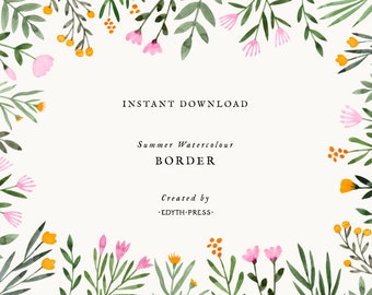 Botanical Watercolor Floral Frame Clipart Clip art Illustration Summer Flowers Rectangle Border Leaves Illustration Wedding Printable DIY