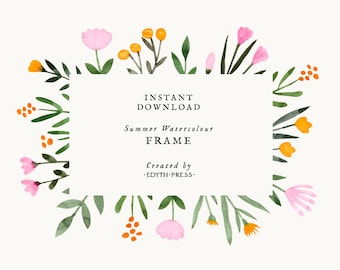 Floral Frame Watercolor Clipart Botanical Illustration Summer Flowers Rectangle Border Leaves Illustration Clip Art Wedding Printable DIY