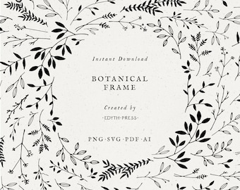 Hand Drawn Leaf Border Clipart Frame Black Botanical Background png svg eps ai leaves clip art illustrations plant branch floral elegant