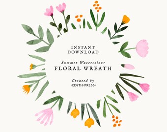 Floral Wreath Watercolor Clipart Botanical Illustration Summer Flowers Circle Border Leaves Illustration Clip Art Wedding Printable DIY