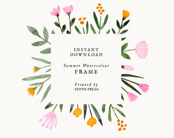 Floral Frame Watercolor Clipart Botanical Illustration Summer Flowers Square Border Leaves Illustration Clip Art Wedding Printable DIY