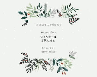 Winter Watercolor Christmas Clipart Frame Holiday Wedding Border Botanical Greenery Berries Holly Mistletoe Pine Square Card Background PNG