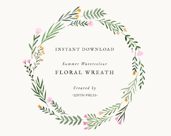 Floral Wreath Watercolor Clipart Illustration Summer Flowers Circle Leaves Illustration Clip Art Wedding Printable Instant Download