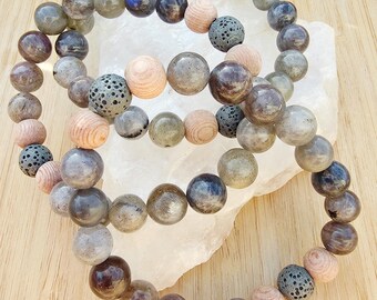 Lightning -  Labradorite Crystal Bracelet, Essential Oil Diffuser, Lava Beads, Aromatherapy, Boho, Yoga, Gender Neutral, Size Inclusive