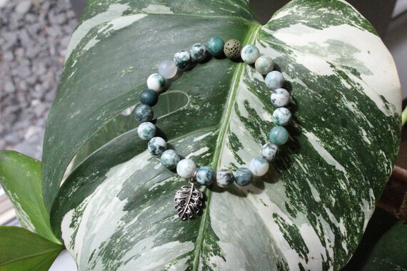 Leafy // Moss Agate Gemstone Bracelet, Monstera Charm Bracelet, Aromatherapy Jewelry, Diffuser Bracelet, Size Inclusive, Handmade, Plant Mom