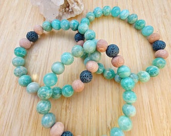 Waves - Amazonite Gemstone Bracelet, Essential Oil Diffuser, Lava Beads, Aromatherapy Jewelry, Boho, Yoga, Gender Neutral, Size Inclusive
