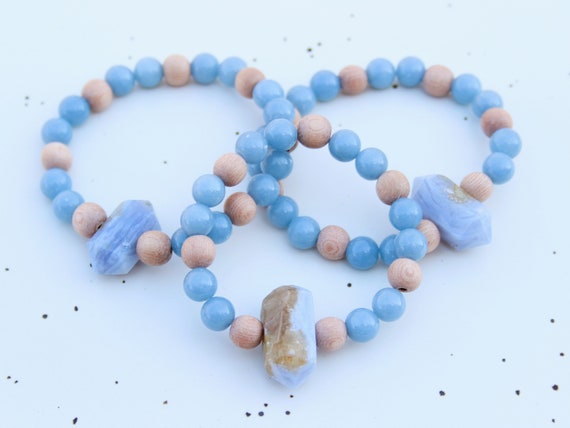 Angelic // Angelite Gemstone Bracelet, Chalcedony Crystal Point, Handmade, Aromatherapy Bracelet, Size Inclusive, Gender Neutral, Crystals