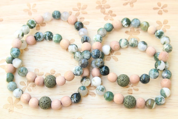 Lucky // Moss Agate Gemstone Bracelet, Lava Beads, Aromatherapy Jewelry, Diffuser Bracelet, Handmade, Size Inclusive, Gender Neutral, Boho