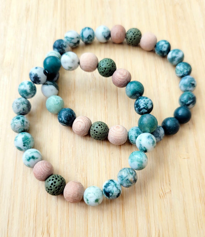 Forest - Green Tree Agate Gemstone Bracelet, Essential Oil Diffuser, Lava Beads, Boho, Yoga, Gender Neutral, Aromathrapy image 2