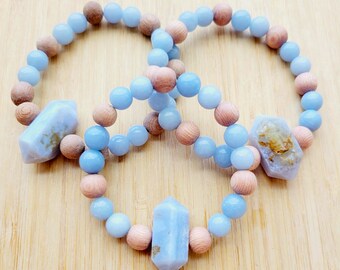 Sky - Angelite Gemstone Bracelet, Essential Oil Diffuser, Crystal Point, Aromatherapy Jewelry, Boho, Yoga, Gender Neutral, Size Inclusive