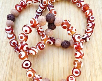 Terra - Tibetan Agate Gemstone Bracelet, Essential Oil Diffuser, Lava Beads, Aromatherapy, Boho, Yoga, Gender Neutral, Size Inclusive