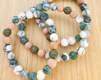 Forest - Green Tree Agate Gemstone Bracelet, Essential Oil Diffuser, Lava Beads, Boho, Yoga, Gender Neutral, Aromathrapy