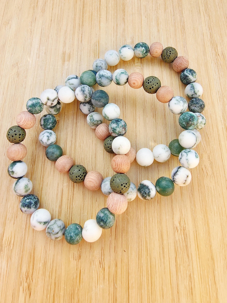 Forest - Green Tree Agate Gemstone Bracelet, Essential Oil Diffuser, Lava Beads, Boho, Yoga, Gender Neutral, Aromathrapy image 1