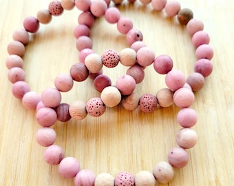 Blush - Pink Rhodonite Gemstone Bracelet, Lava Beads, Essential Oil Diffuser, Aromatherapy, Yoga, Size Inclusive, Gender Neutral