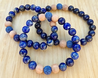 Ether - Lapis Lazuli Crystal Bracelet, Essential Oil Diffuser, Lava Beads, Aromatherapy Jewelry, Boho, Yoga, Gender Neutral, Size Inclusive