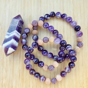 Serene - Essential Oil Diffuser, Purple Amethyst Gemstone Bracelet, Lava Beads