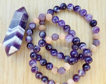 Serene - Purple Amethyst Gemstone Bracelet, Lava Beads, Essential Oil Diffuser, Yoga, Aromatherapy, Boho, Size Inclusive