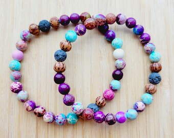 River - Purple Jasper Gemstone Bracelet, Lava Beads, Essential Oil Diffuser, Boho, Yoga, Gender Neutral, Size Inclusive