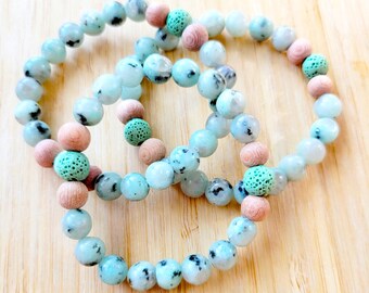 Abundance - Kiwi Jasper Gemstone Bracelet, Lava Beads, Aromatherapy Jewelry, Boho, Yoga, Gender Neutral, Size Inclusive