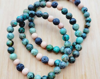 Savanah - African Turquoise Gemstone Bracelet, Essential Oil Diffuser, Lava Beads, Aromatherapy, Boho, Yoga, Gender Neutral, Size Inclusive