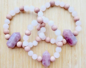 Rose - Rose Quartz Essential Oil Diffuser Bracelet, Crystal Point, Aromatherapy, Boho, Yoga, Size Inclusive