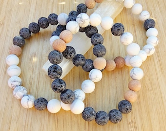 Balance - White Howlite and Black Lava Bead Bracelet, Essential Oil Diffuser, Boho, Yoga, Gender Neutral Jewelry, Size Inclusive
