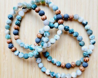 Fern - Tree Agate Gemstone Bracelet, Essential Oil Diffuser, Boho Bracelet, Lava Beads, Aromatherapy, Gender Neutral, Size Inclusive