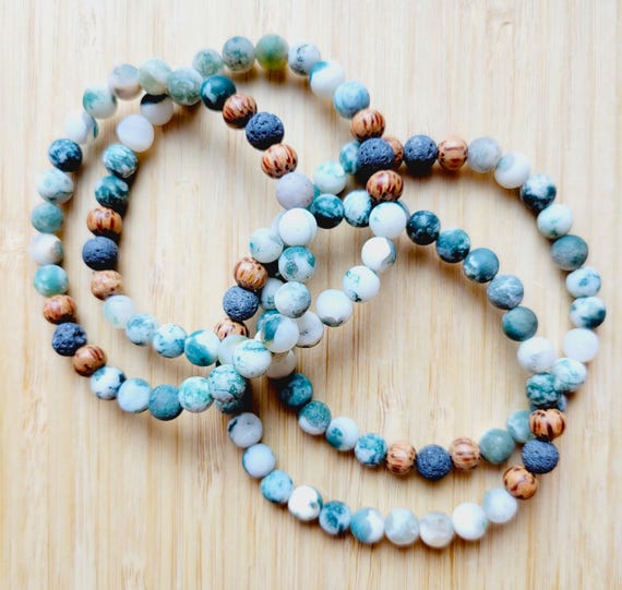 Fern - Tree Agate Gemstone Bracelet, Essential Oil Diffuser, Boho Bracelet, Lava Beads, Aromatherapy, Gender Neutral, Size Inclusive