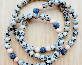 Jaded - Dalmatian Jasper Gemstone Bracelet, Essential Oil Diffuser, Lava Beads, Aromatherapy, Boho, Yoga, Gender Neutral, Size Inclusive
