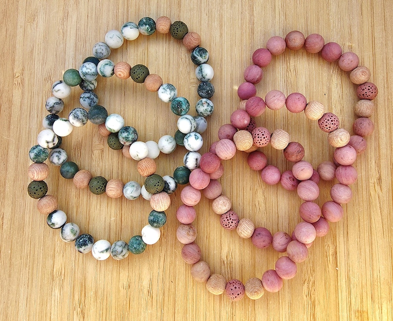 Forest - Green Tree Agate Gemstone Bracelet, Essential Oil Diffuser, Lava Beads, Boho, Yoga, Gender Neutral, Aromathrapy image 4
