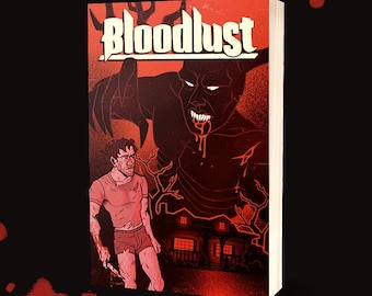 Op de afbeelding: Een boek getiteld Bloodlust met een rood-zwarte omslagillustratie. Het kunstwerk toont een persoon met een mes voor een huis, met een grote, donkere figuur met hoektanden die erboven uittorent. Het ontwerp bevat opvallende rode en zwarte tinten.