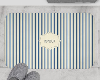 Bonjour FRENCH BLUE Stripe Bath Mat — Vintage French Bathroom Rug