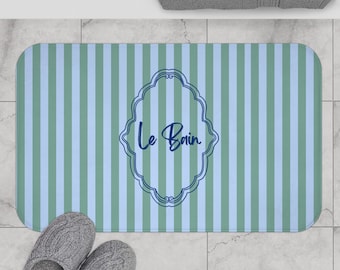 Alfombrilla de baño a rayas Le Bain, alfombra de baño francesa verde/azul costera