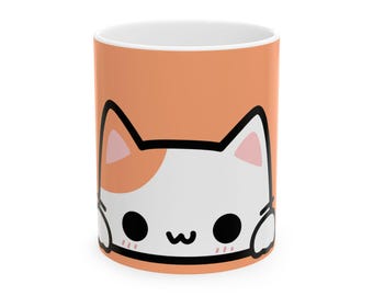Caneca Kawaii com Gato Espiando | Caneca de Cerâmica com Rosto de Gato Fofo