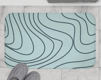 Abstract Wave Bath Mat, Light Aqua Blue with Azure Modern Design