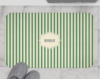 Bonjour Green Stripe Bath Mat — Vintage French Bathroom Rug