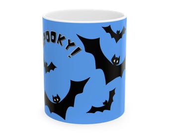 Spooky Black Bats Halloween Ceramic Mug, SKY BLUE. Halloween gift