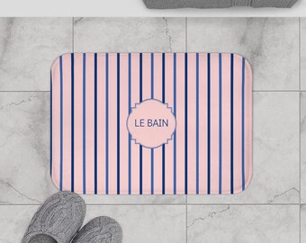 Le Bain Striped Navy/Pink Bath Mat | French Spa Bathroom Accent