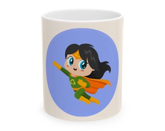 Eco-Girl Superhero Ceramic Mug — Cute Kids Mug