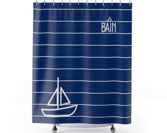 Nautical Blue 'Le Bain' Shower Curtain, Striped Sailboat Bathroom Decor